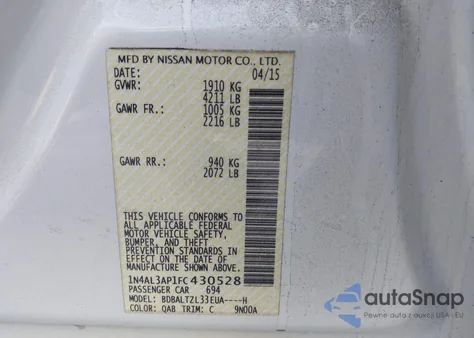 2015 Nissan Altima 2.5 Sl из США, поврежденный, VIN 1N4AL3AP1FC430528